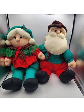 Vintage TBTrading SANTA & MRS CLAUS Large 22" Nylon Puffy Tartan Christmas Set